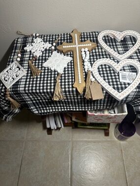 Rustic Wood & White Beaded Cross and Decorative Hanging Accents